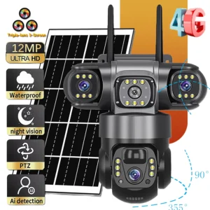 SWVW 4G Solar Outdoor Dome Camera – 12MP, Tri-Lens, 10X Zoom, PIR Detection, 360° PT, IP66