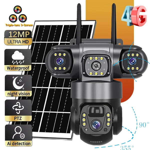 SWVW 4G Solar Outdoor Dome Camera – 12MP, Tri-Lens, 10X Zoom, PIR Detection, 360° PT, IP66