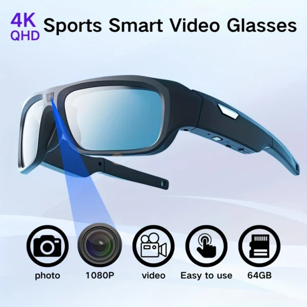 KIDKD 4K Smart Video Glasses – Outdoor HD Camera Glasses for Sports, Cycling, Motorcycle | TF Card Support, 2-Hour Recording