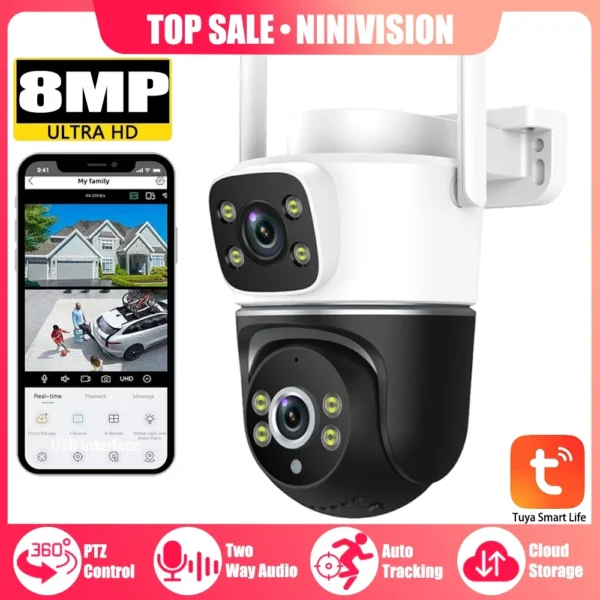 8MP Dual Lens PTZ Smart WiFi Camera – 360° View, Auto Tracking, Tuya App, Color Night Vision