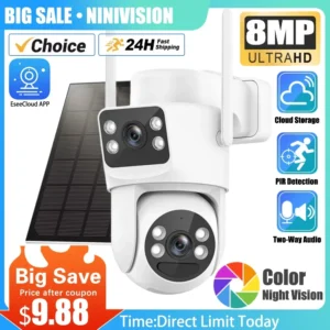 8MP Dual Lens WiFi Solar Security Camera – PTZ, Color Night Vision, 360° View, PIR Detection
