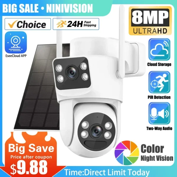 8MP Dual Lens WiFi Solar Security Camera – PTZ, Color Night Vision, 360° View, PIR Detection