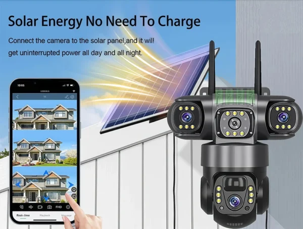 SWVW 4G Solar Outdoor Dome Camera – 12MP, Tri-Lens, 10X Zoom, PIR Detection, 360° PT, IP66 - Image 7