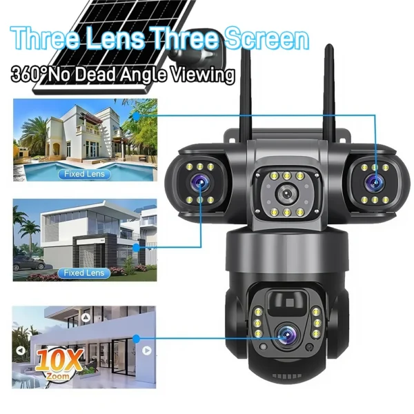 SWVW 4G Solar Outdoor Dome Camera – 12MP, Tri-Lens, 10X Zoom, PIR Detection, 360° PT, IP66 - Image 2